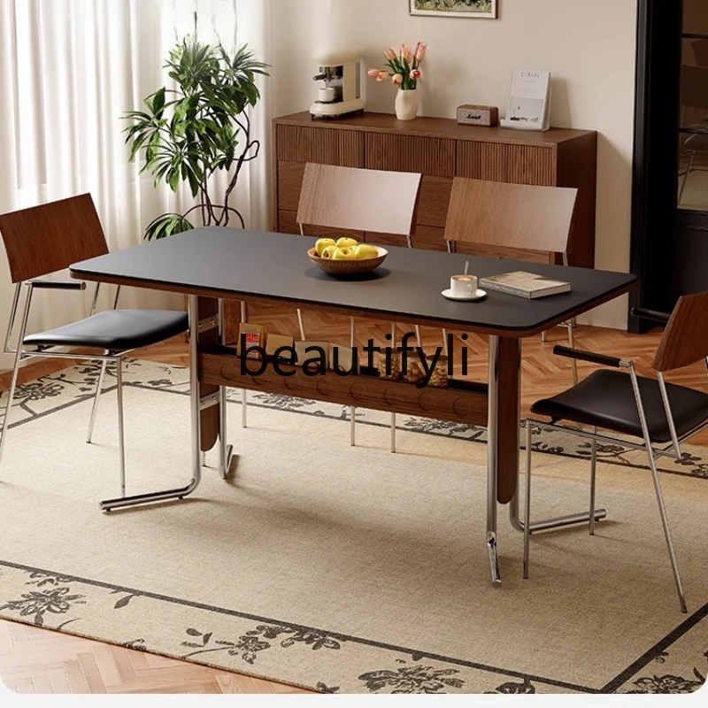 

Medieval rock slab dining table rectangular can be stored household solid wood dining table and chairs