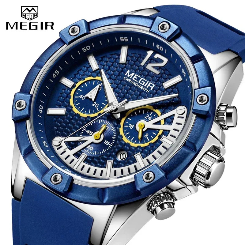 Reloj deportivo MEGIR con cronógrafo para hombre, relojes de cuarzo de silicona resistentes al agua, reloj de pulsera militar para hombre, reloj Masculino