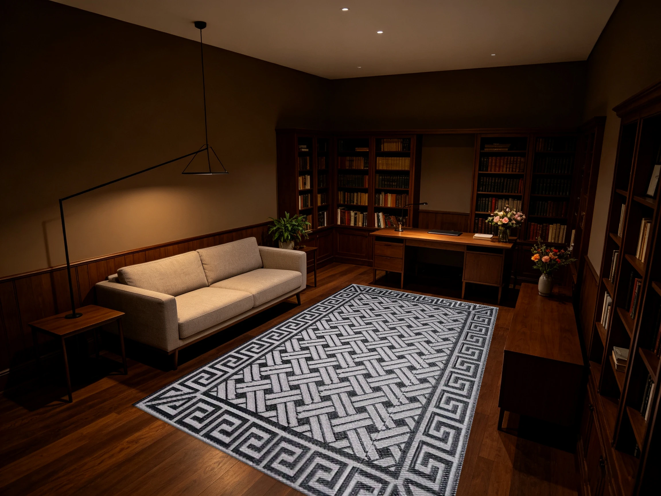 Greek Key Geometric Pattern Carpet Flooring Black White Non Slip Area Rug Modern Indoor Decor Floor Rug
