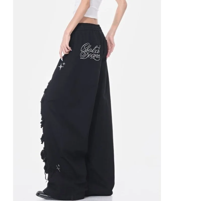 

2025 Hip Hop Street Dance Black Hole Dance Pants Women's Summer New High Waisted Drawstring Jeans Female Clothing