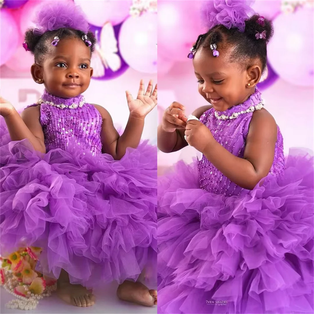 فساتين حفلات أعياد الميلاد للأطفال مطرزة بالخرز الأرجواني مخصصة برقبة عالية فساتين فتاة الزهور لحفلات الزفاف وحفلات التخرج لالتقاط الصور #3