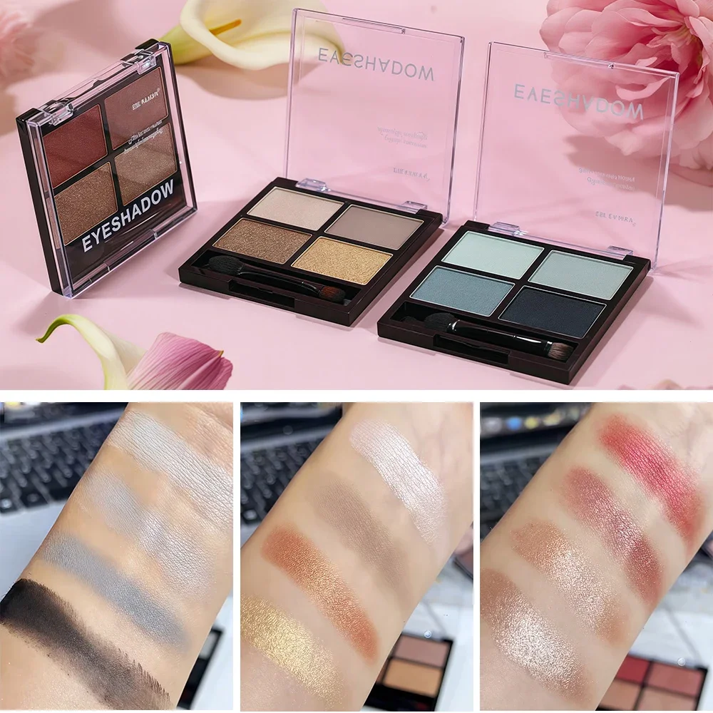Hochpigmentierte Glitzer-Highlighter-Lidschatten-Palette, 4 Farben, langlebig, schweißfest, wasserfest, matt, birnenförmig, erdfarbener Lidschatten