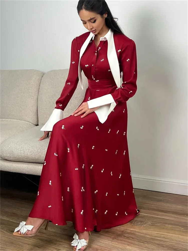 Tossy Elegant Satin Printed Long Dress Women's High Waist Patchwork Commute Slim Autumn 2024 Contrast Dress Female Maxi Dress