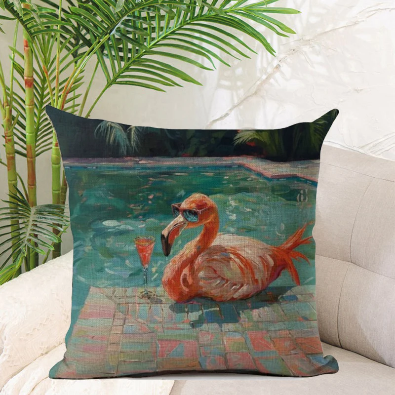 Pink Flamingo Pattern Cushion Cover Summer Style Flamingo Design Printed Short Plush Pillow Cover Home Decoration Throw Pillows