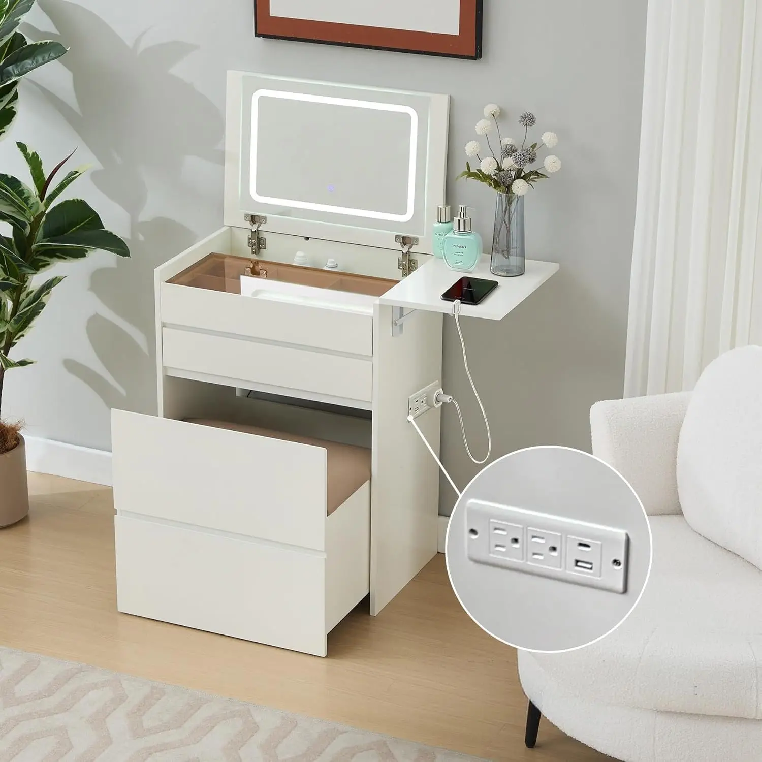 Small Makeup Vanity Desk with LED Mirror & Power Outlets, White with Stool, Customized