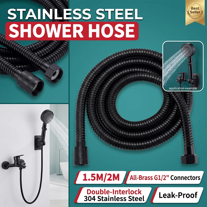 Black Stainless Steel Shower Hose 1.5M/2M Flexible Anti-winding Bathroom Water Pipe G1/2 Interface Explosion-proof Shower Tube