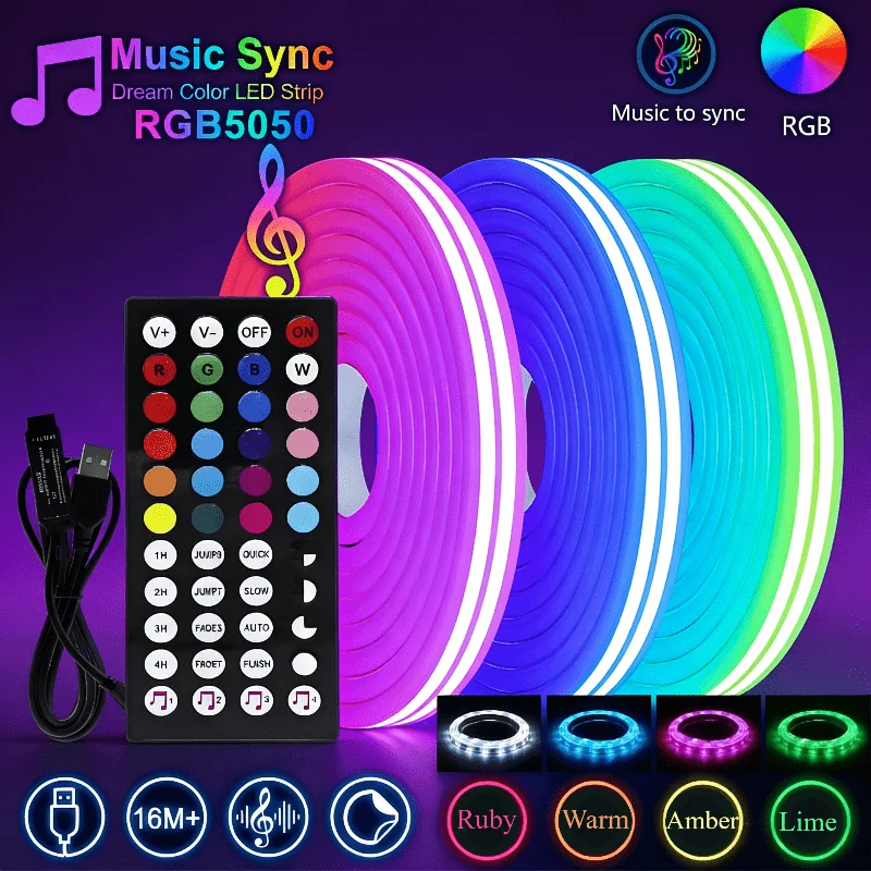 5V USB RGB Neon LED Strip Colour Changing Dimmable Rope Light with music sycn 44 KEY Remote Control for Gaming Room Bedroom