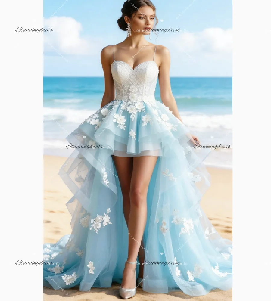 Enchanting Light Blue Beach Wedding Dress 2026 Sexy Hi Low Bohemain Bridal Gown With Florals Civil Boho Tulle Lace Robe nuptiale