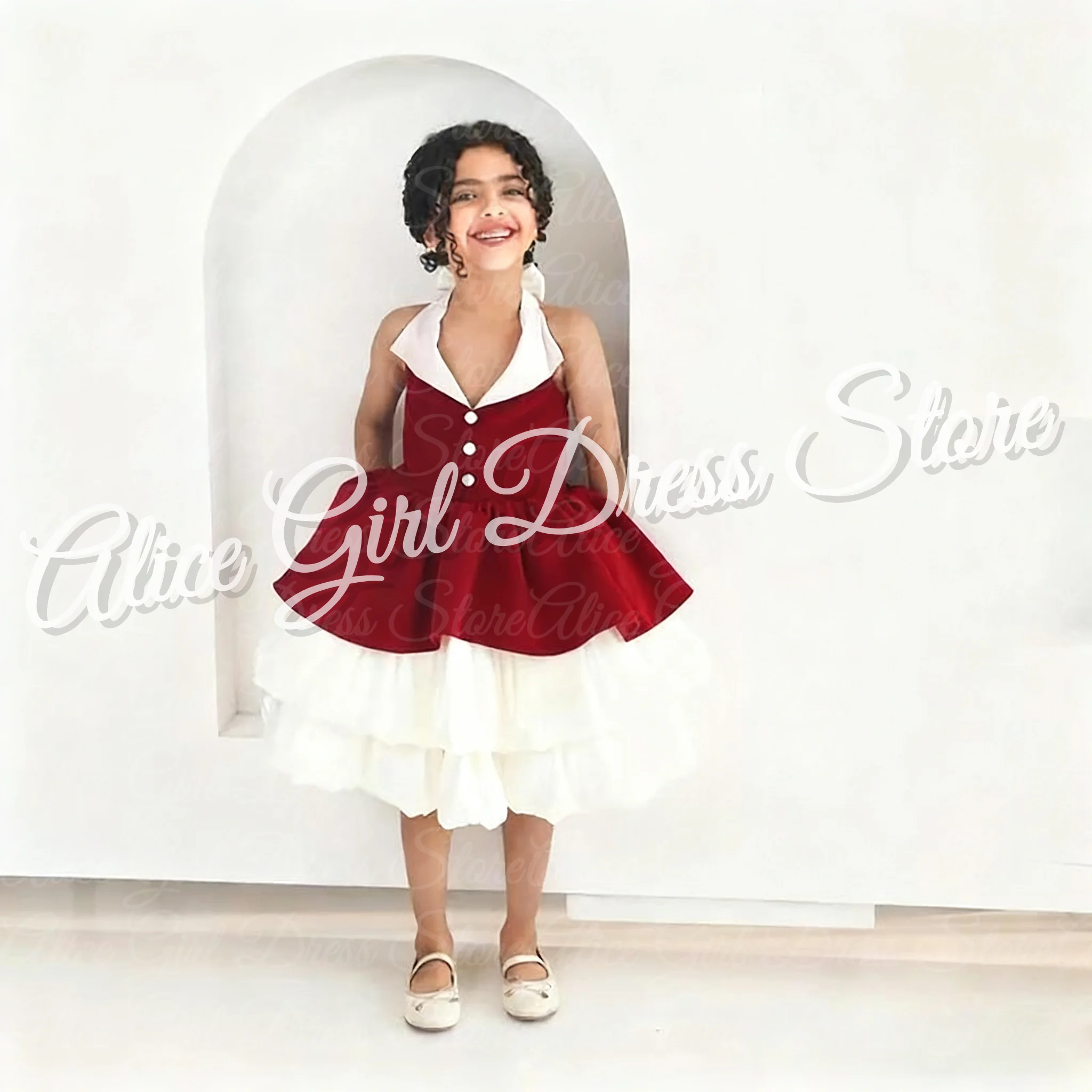 

Customized Red Flower Girl Dresses for Wedding With Bow Knee Length First Communion Kids Birthday Party Gowns Christmas Dresses