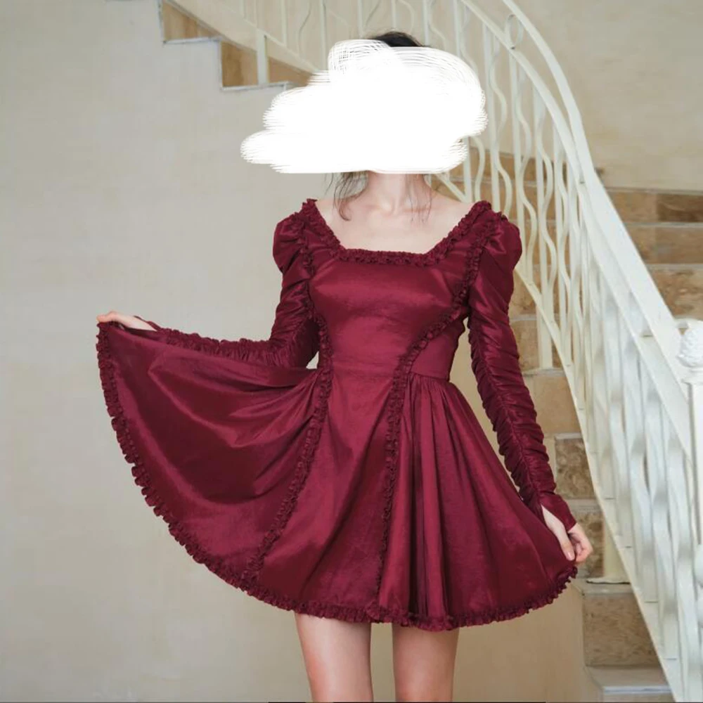 Customized Prom Dresses Square Collar A-Line Full Sleeve Burgundy Mini Cocktail Party Dress Simple Backless Pleat Draped Short G