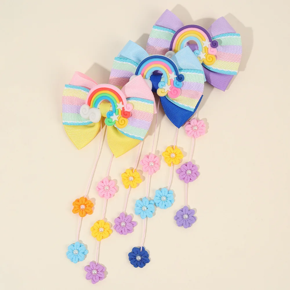 

2Pcs New Children's Bow Rainbow Hair Accessories Small Flower Streamers Cute Little Girl Headdress Hairpin Party Decoration Gift