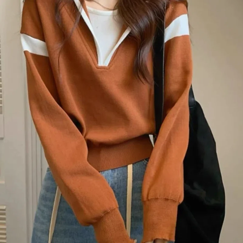 

Поддельные свитера с двумя капюшонами, вязаный свитер, женский свободный пуловер с длинными рукавами, маленький короткий топ ZT143