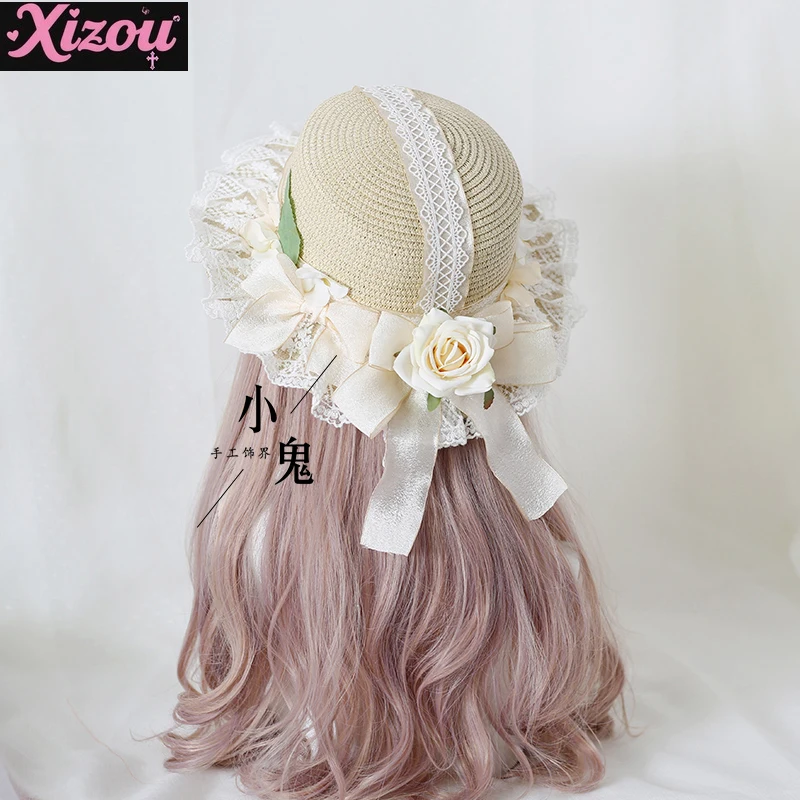 Original Lolita Handmade Multi-color Big Butterfly Flower Straw Hat for Women Mori Literary Retro Vacation Flower Sun Hat Female