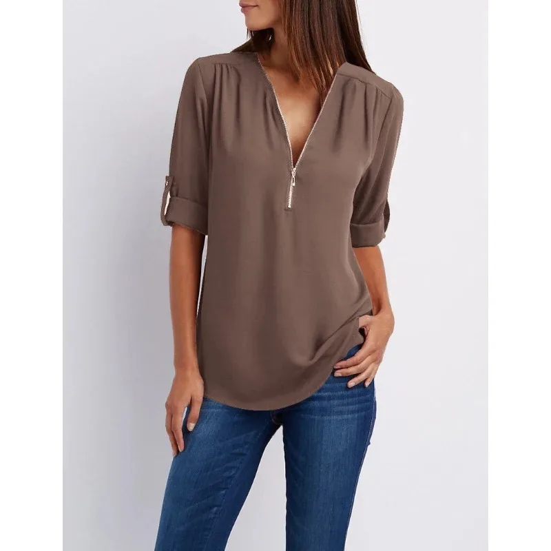 2024 Casual Long Sleeve Blouse Spring Temperament Zipper Tops Fashion V-neck Shirt Loose Chiffon Solid Lady Clothes Blusas 25811