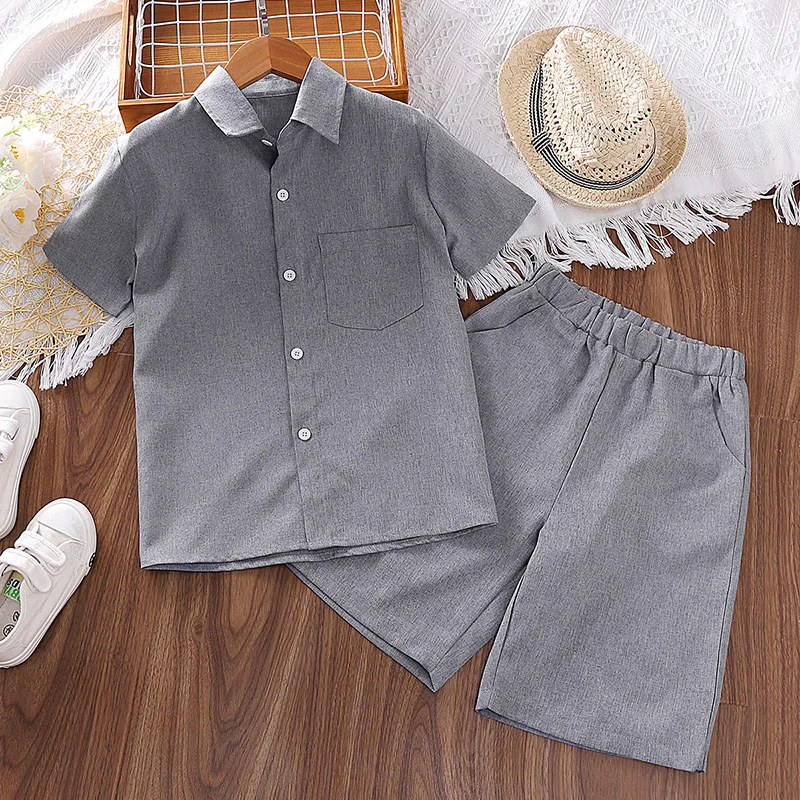 

2024 New Kids Short Sleeve Solid Color Shirt Boys Set Summer Tops + Shorts Fashion Loose Casual Comfor Clothes Children's Wear