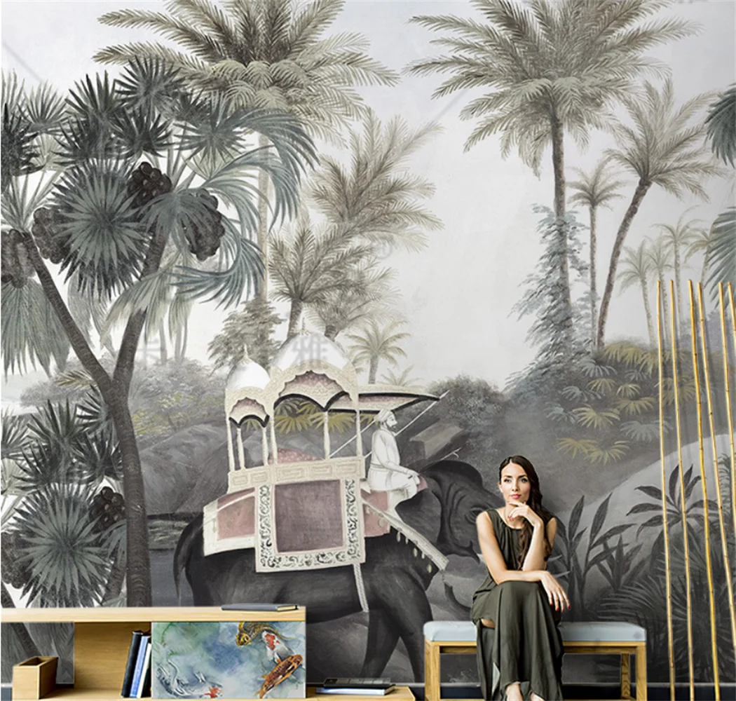 American style plant coconut tree elephant living room TV background wall paper bedroom wallpaper mural