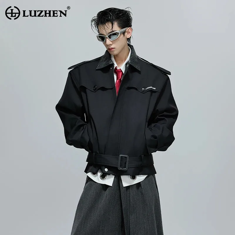 

LUZHEN 2025, осенняя новинка, кожаная повседневная куртка с плетением, мужская красивая модная куртка с поясом, украшение, мужское пальто JY4396