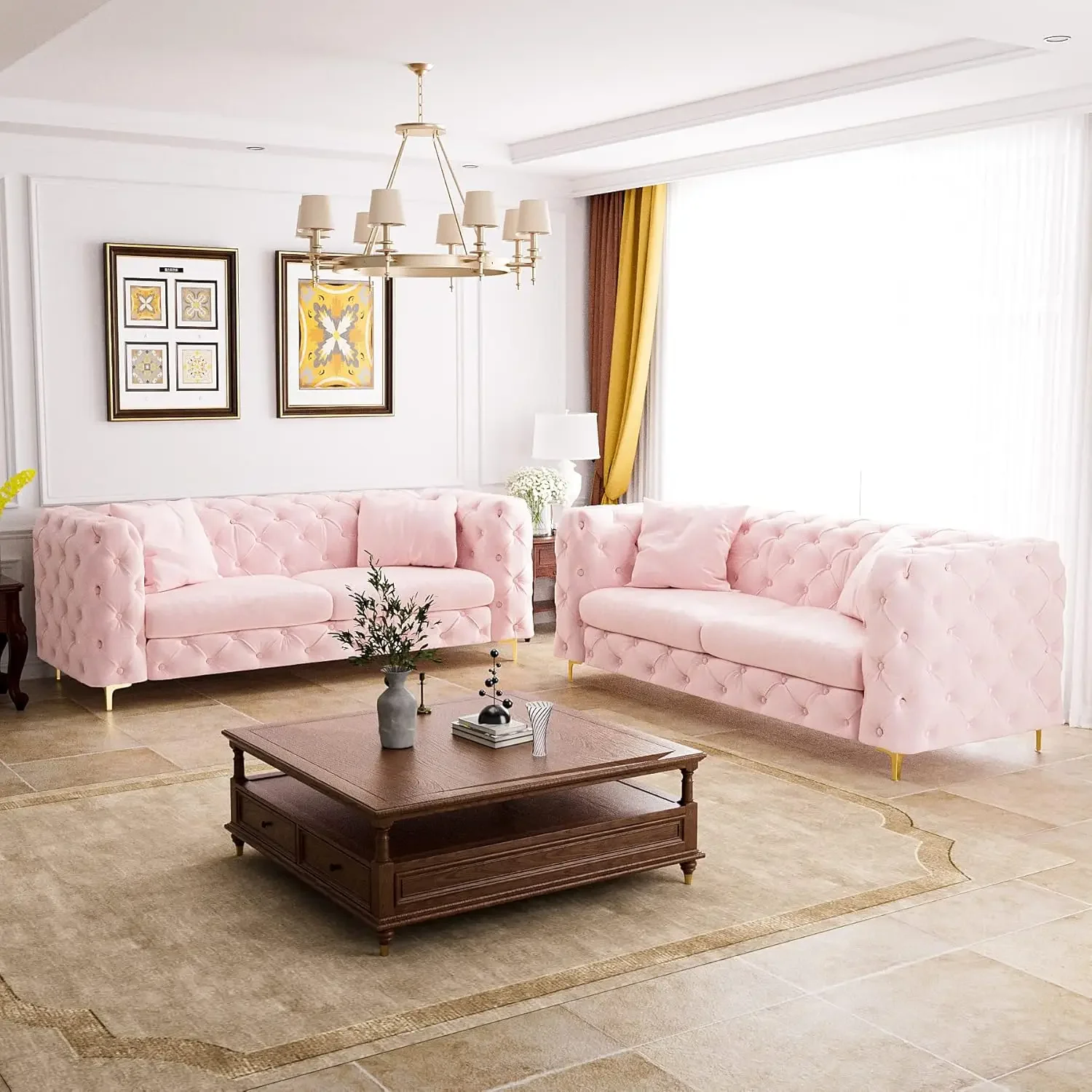 

Modern Velvet Sofa for Living Room, 75 Inches Long Tufted Couch, Upholstered Sofa with 2 Pillows Wide Armrest