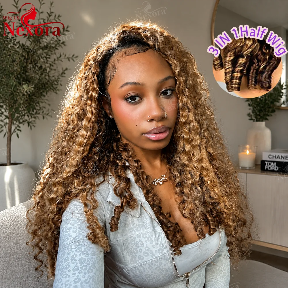 

Nexora 4/27 Highlight Burmese Curly Half Wig Human Hair Drawstring Flip Over Glueless Wear and Go 3 In 1 Drawstring Flip Over Wigs