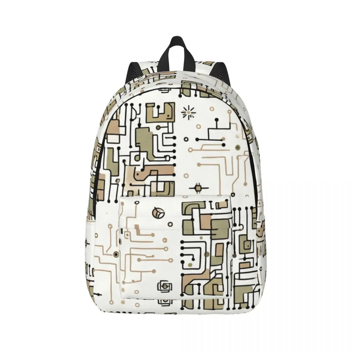 Gothic School Backpack Checker Circuit Block Circle Tech Circuit Ivory Black Tan Edgy Daypack for School Work Weekend Outfit Gym
