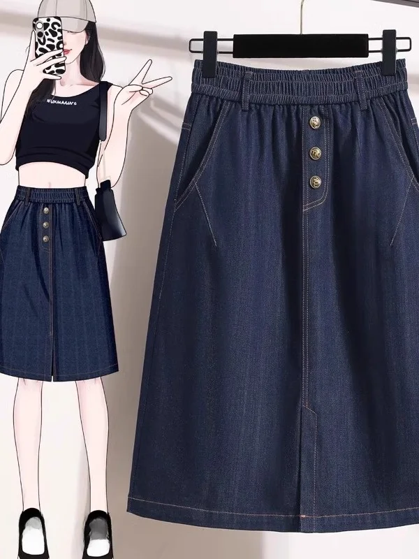 plus Size Summer Thin Lyocell Denim Five-Quarter Skirt Elastic Slimming A-Line Midi Skirt for Women High Waist  Color