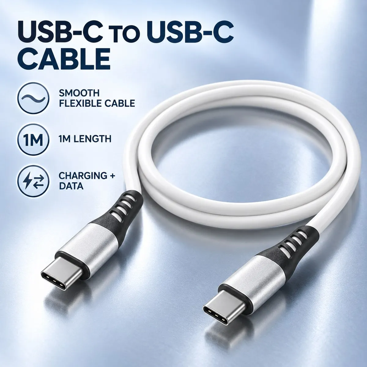 USB-C to USB-C Smooth Cable, 1M Type-C Charging and Data Cable for USB-C Phones, Tablets, Laptops and Power Banks