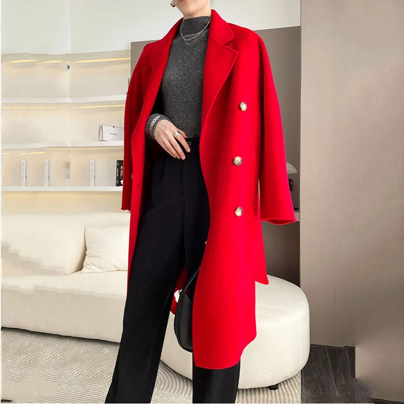 

2023Winter New Double-Sided Cashmere Coat Women Double-Breasted medium Long Top Warm Wool Outwear Lady Loose Belt Woolen Jacket