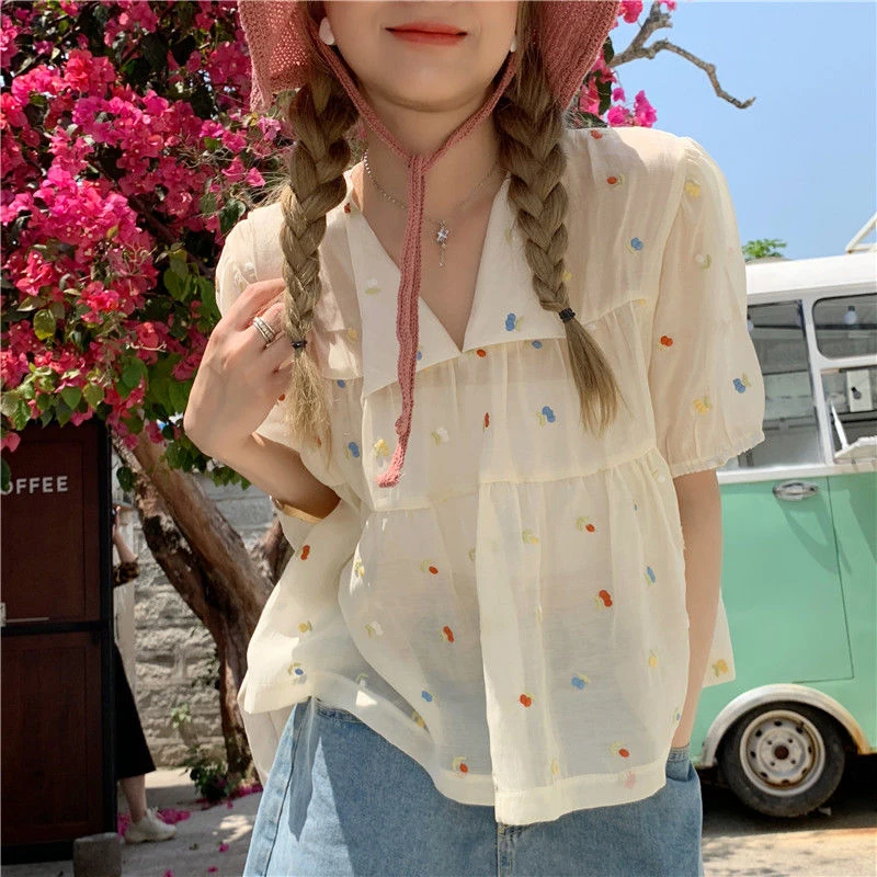 MEXZT Sweet Shirts Women Kawaii Cute Print V Neck Puff Short Sleeve Blouse Student Korean Fashion Embroidery Loose Casual Top