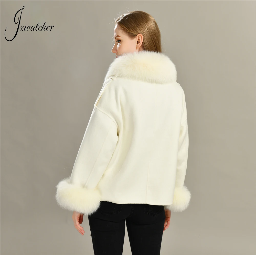 Jxwatcher Real Fur Coat High Quality Double Face Wool Coat Ladies Fall Winter Fashion Wool Jacket Real Fox Fur Collar Cuffs New