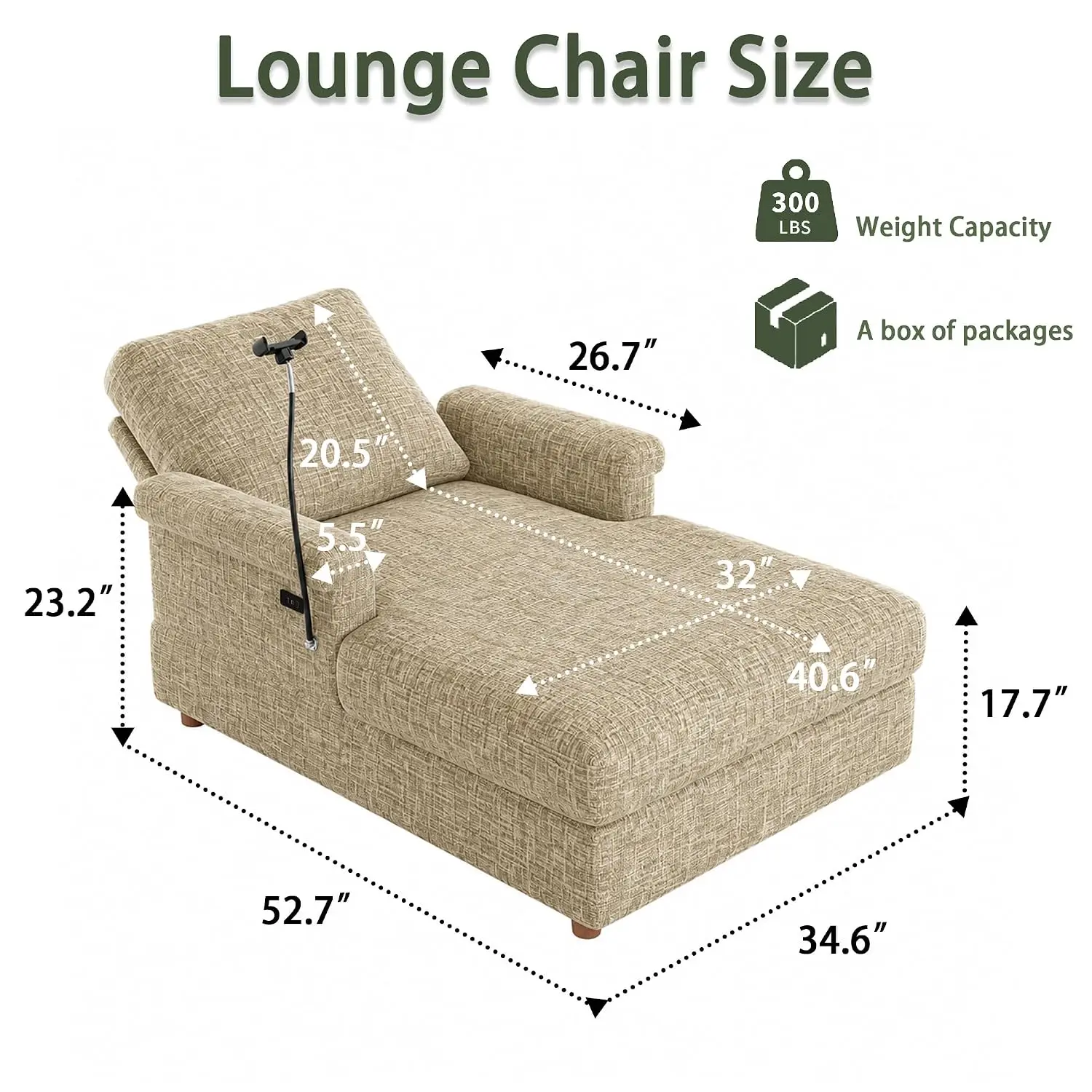 Oversized Chaise Lounge Indoor, Sofa Bed with USB & Phone Holder, Upholstered Deep Seat Sleeper, Armchair, Customized