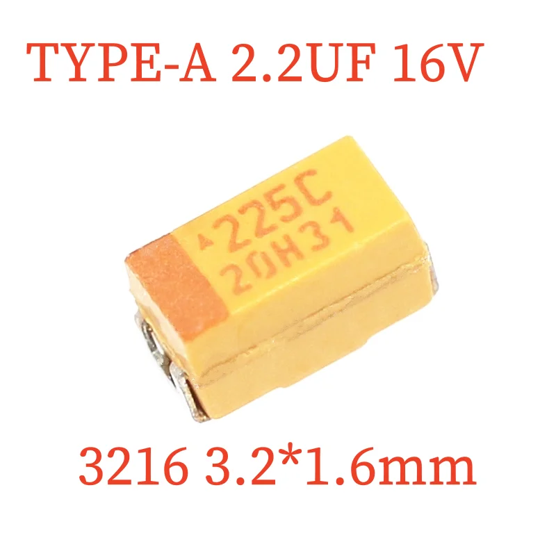 10/100/2000 Stück Typ A 3216 (Paketgröße) 2,2 UF 16 V 10 % Toleranz SMD gelber Tantalkondensator, TAJA225K016RNJ 225C
