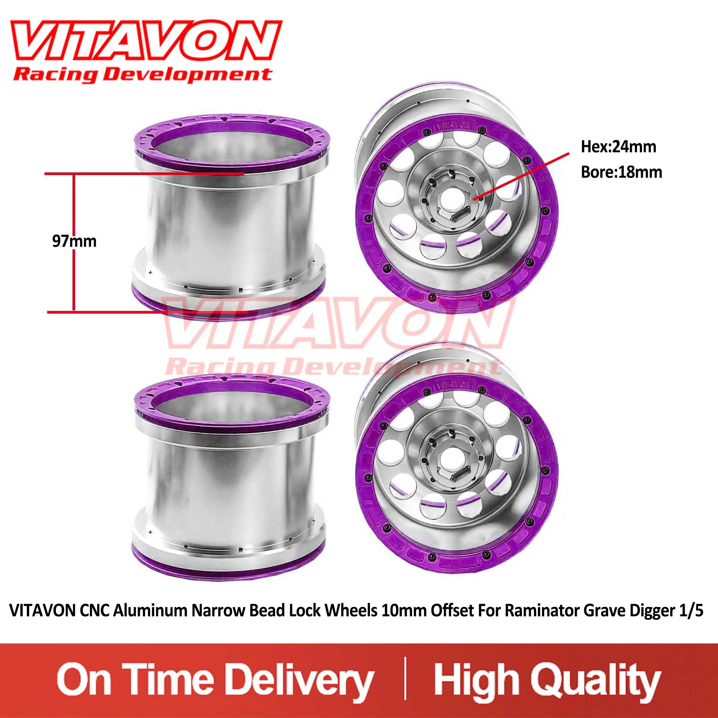 VITAVON CNC Aluminum Narrow Bead Lock Wheels 10mm offset for Raminator Grave Digger 1/5