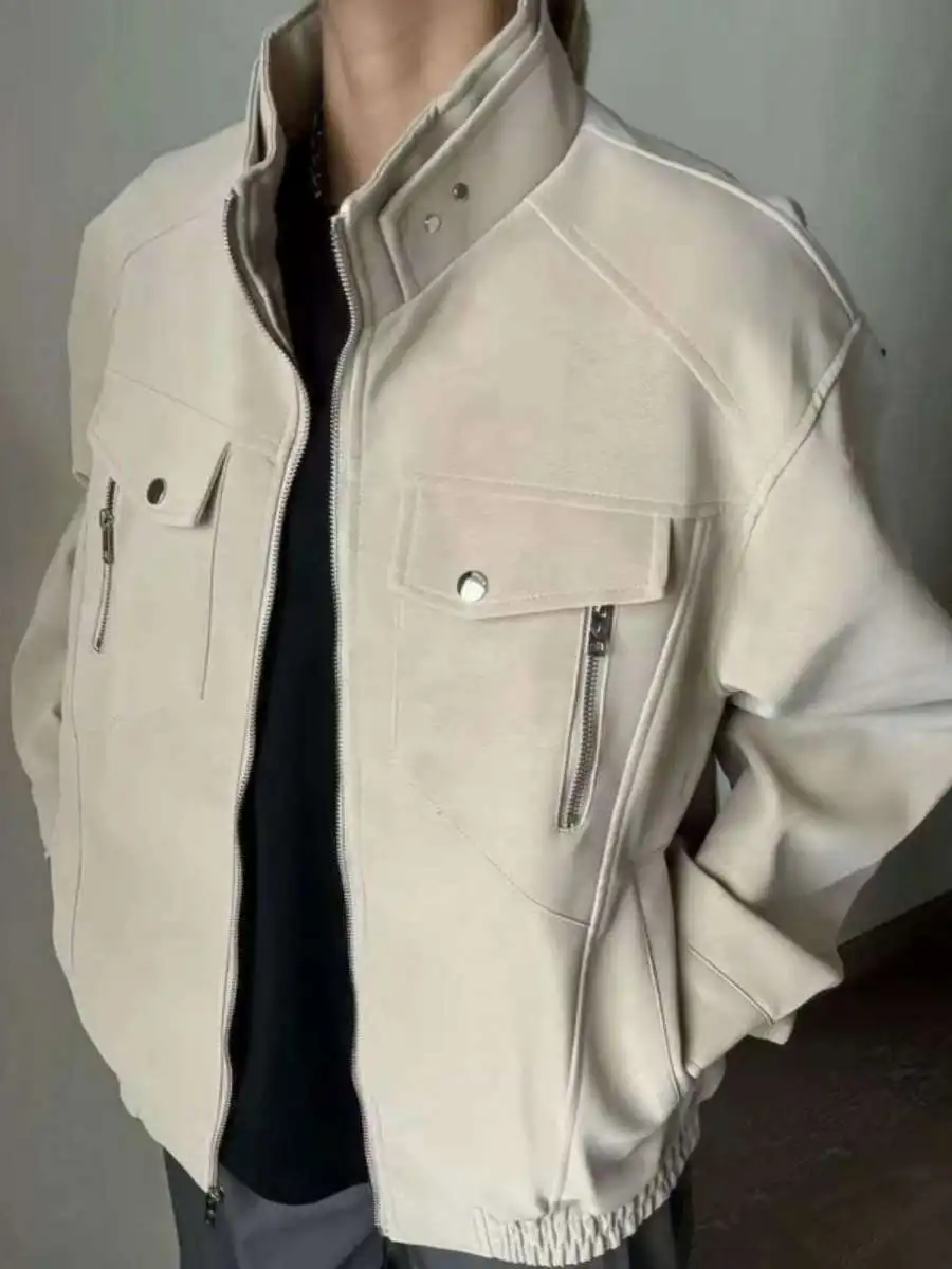 

Spring Autumn New Sle Men's Faionable Loose Stand Collar Motorcycle Leather Jaet Youth Workwear Coat Casual Outerwear