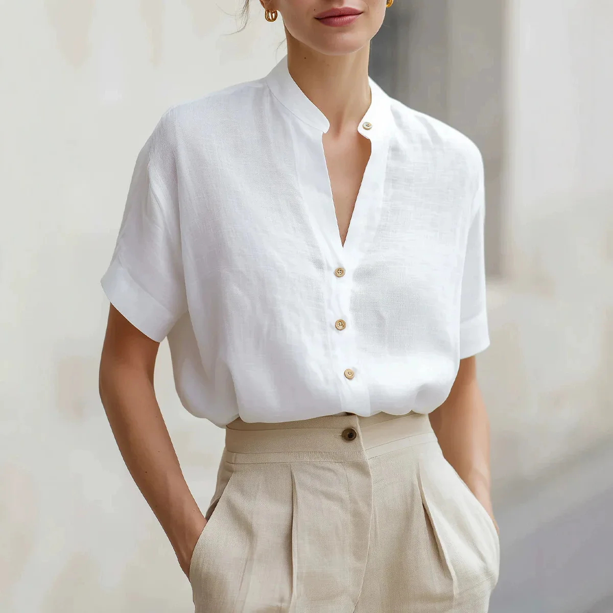 2026 Summer V-Neck Short Sleeve Linen Shirt Casual Simple Versatile Women's Top