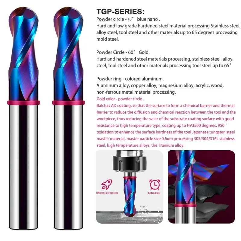 Azzkor TGP-HRC60 2f Endmills Kleur-Ring Blauwe Nano Coating Wolfraam Staal Carbide Bal Einde Frees Voor Cnc Mechanisch