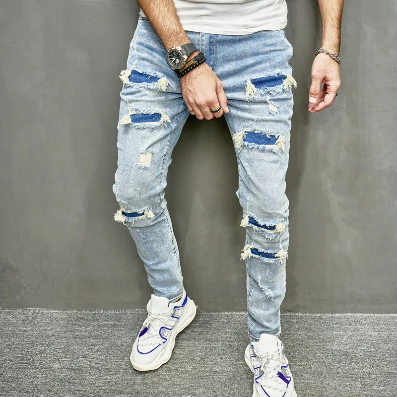 Jeans skinny casual com furos para homens, calças jeans finas, streetwear masculino, elegante rasgado, monocromático, hip-hop, jogging, novo, outono, 2023