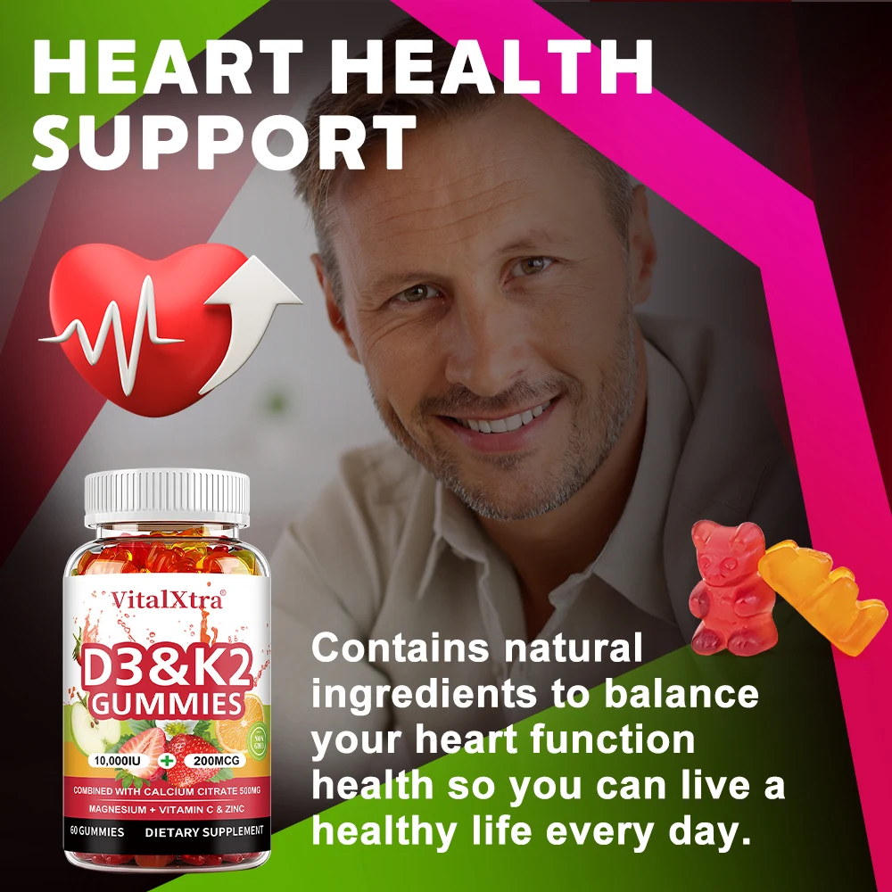天然ビタミンD3 K2グミ、健康な骨、関節、歯、肌をサポート、免疫健康サプリメント、遺伝子組み換えなし、グルテンフリー