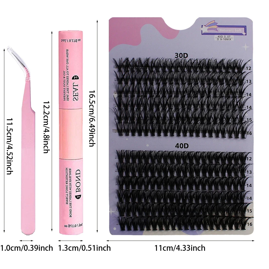 DIY 속눈썹 세트, 개별 속눈썹 클러스터 D 컬, 8-16mm 혼합 속눈썹 클러스터, 래쉬 본드, 도장 및 래쉬 어플리케이터 도구, 240 개