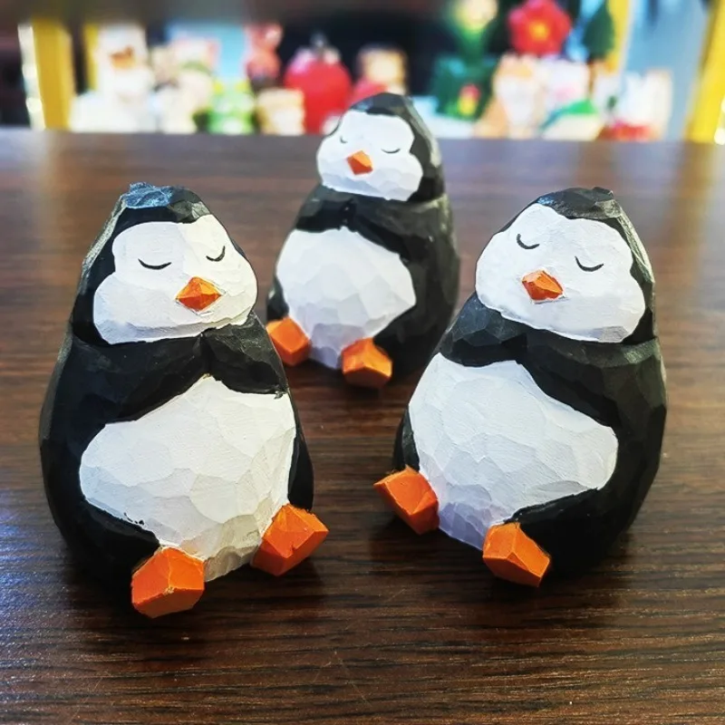 Hand Carved Wood Penguin Figurine Cute Fishing Penguin Desk Decor Handmade Wooden Craft Office Adorable Antarctic Bird Sculpture