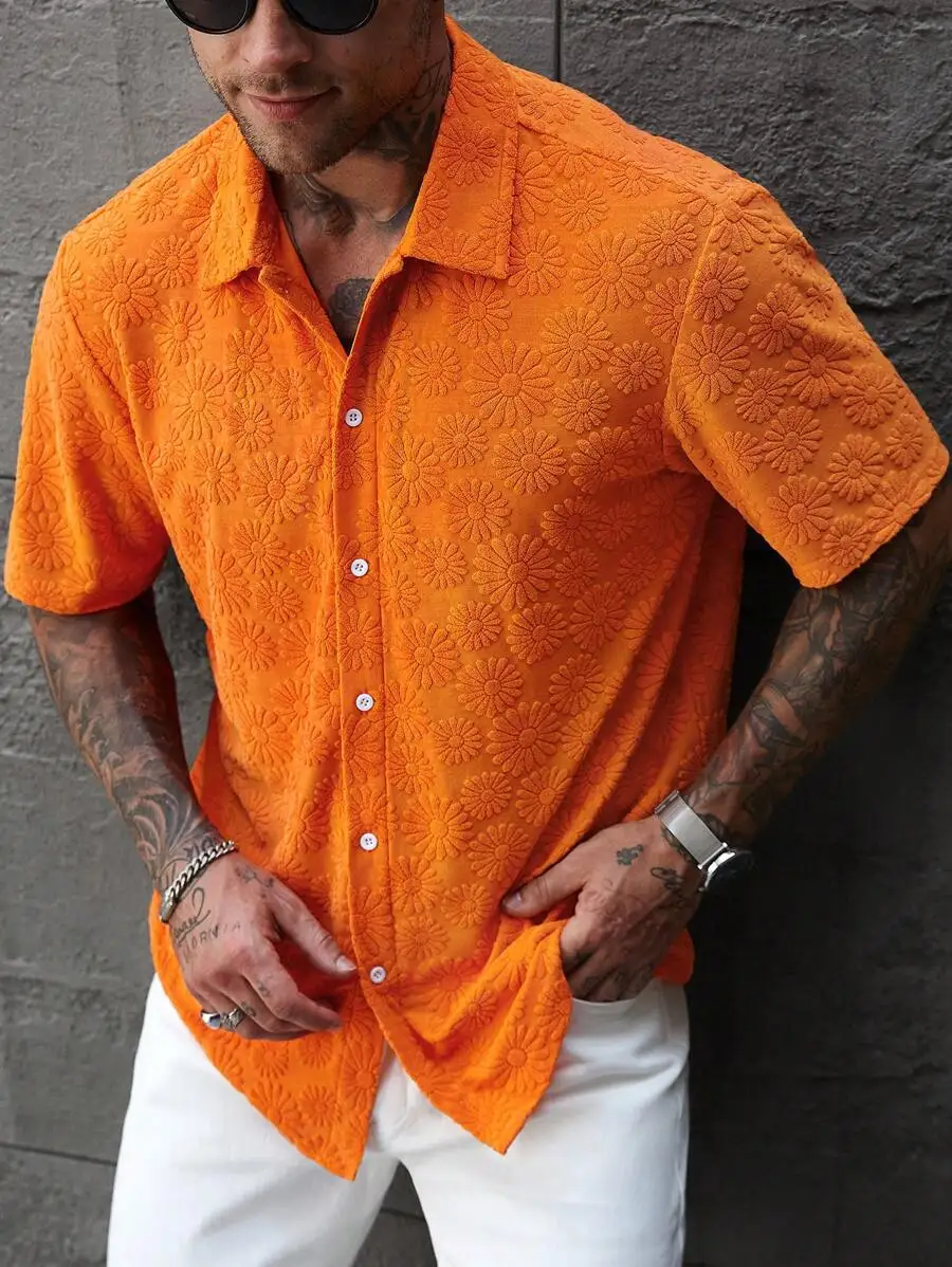 

Men's Orange Floral Embossed Jacquard Short Sleeve Casual Shirt
