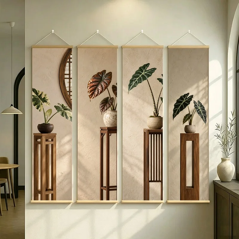 Wall Art Zebra Alocasia and Cuprea Alocasia, Wabi-Sabi Silver Shimmer Canvas Hanging Scroll for Boutique Hotel Home Decor