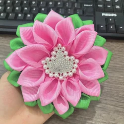Silk ribbon pink green flower pearl rhinestone IVY girl brooch