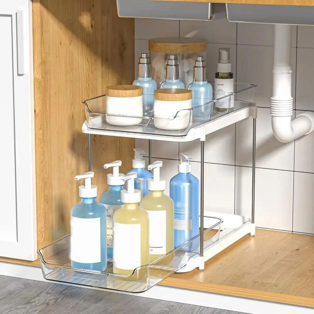 

New 2 Tier/3 Tier Bathroom Storage Rack Movable Acrylic Counter Organizer Rack Pull Out Multifunctional Clear Under Sink Basket