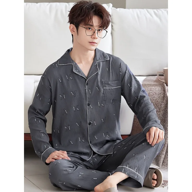 Men's Pajama Set for Spring & Autumn, Simple All-Match Long Sleeve & Long Pants Loungewear, Fashion Handsome Daily Homewear
