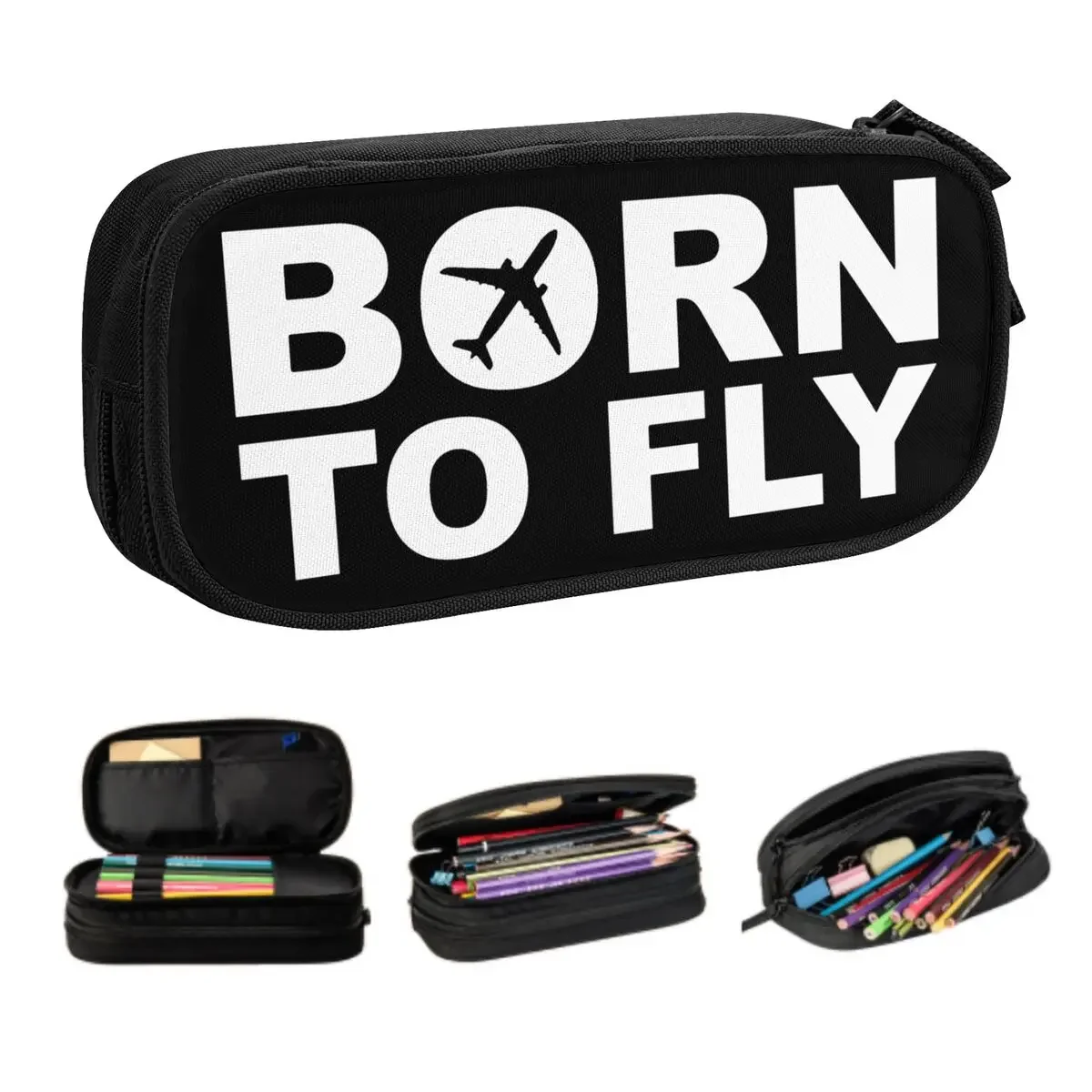 Custom Kawaii Born To Fly Flight Pilot Pencil Cases for Aviation Airplane Aviator Gift Large Storage Pen Bag Box School Supplies