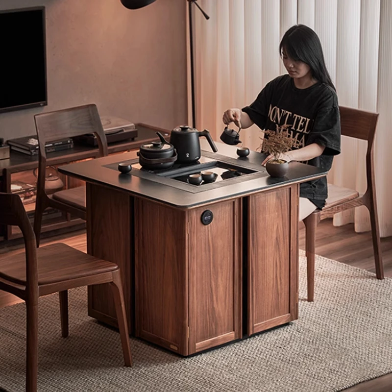 Solid wood liftable tea table living room small apartment mobile balcony tea cabinet
