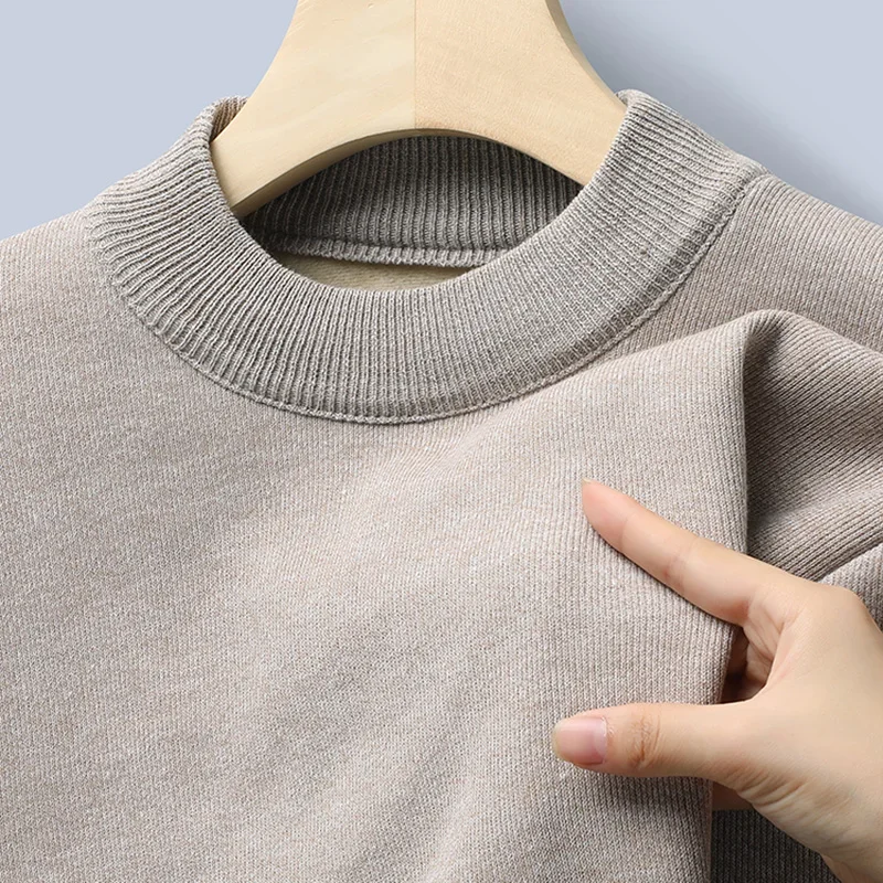 Autumn Winter Mens Thermal Sweater Mock Collar Fleece Lined Knit Top Elastic Fabric Long Sleeve Simple All Match Base Garment