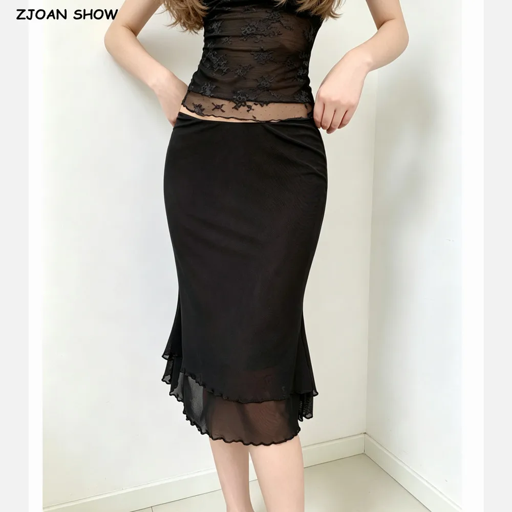6 Colors Summer Women 2 Layers Hem Side Slit Mesh Skirt Elastic Low Waist Package Hips Knee Length Skirts Skater