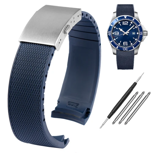 Correa de reloj de goma con extremo curvado de 21mm para Longines Conquest HydroConquest L3.781 642 742 782, correa de reloj azul de silicona para buceo deportivo