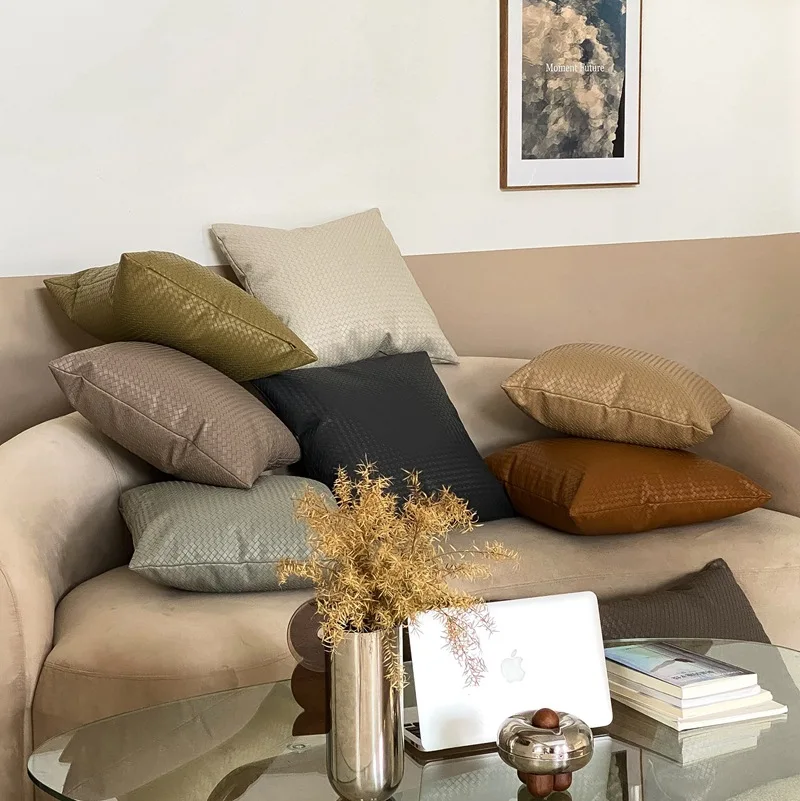 

INS Современная минималистичная однотонная подушка для дивана с тканой текстурой кожи Высококачественная роскошная прикроватная подушка для гостиной